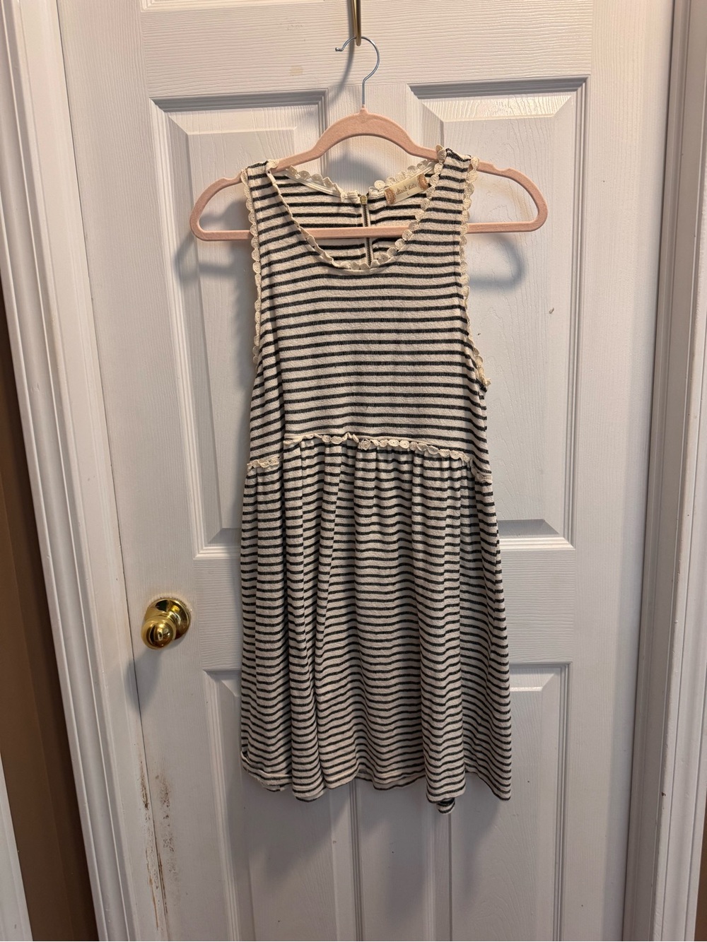 Altar’d State Black & Cream Striped Fit & Flare Dress with Crochet Trim Size L